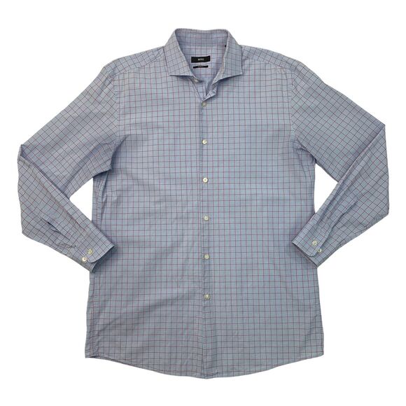 Hugo Boss Shirt Mens 16.5 Blue Red Plaid Sharp Fit Button Up Long Sleeve Formal - Picture 1 of 12